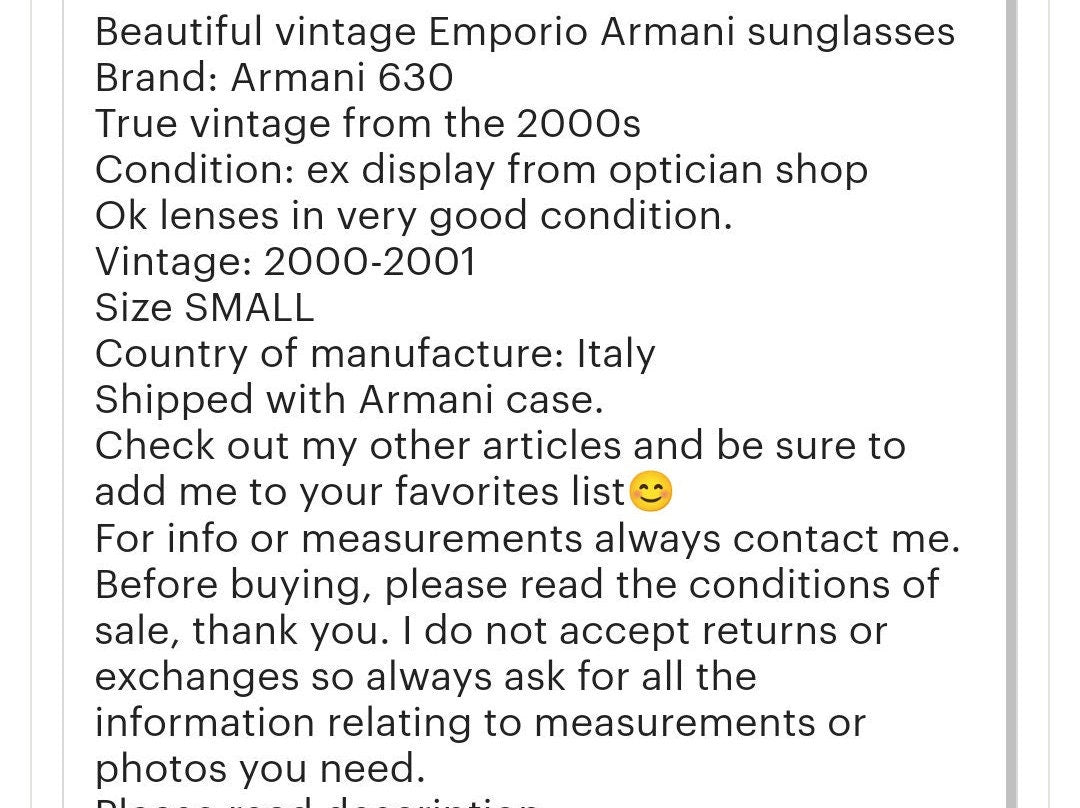 Occhiali da sole Emporio Armani 630 con rara lunetta brille in tonalità y2k anni '90