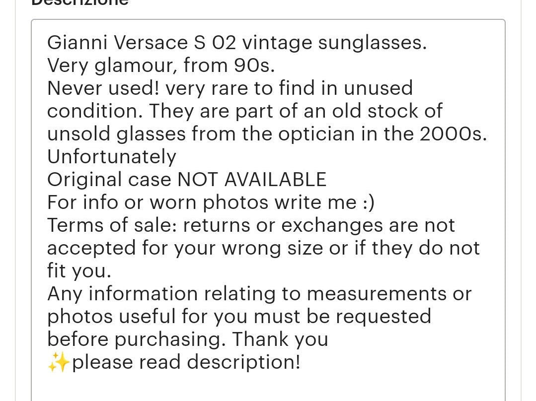 Versace S 02 occhiali da sole vintage Montatura color oro occhiali gafas anni '90 y2k NOS Notorius